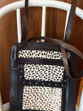 Brown Leather Shoulder Bag with Leopard Print Panels Force Ten West